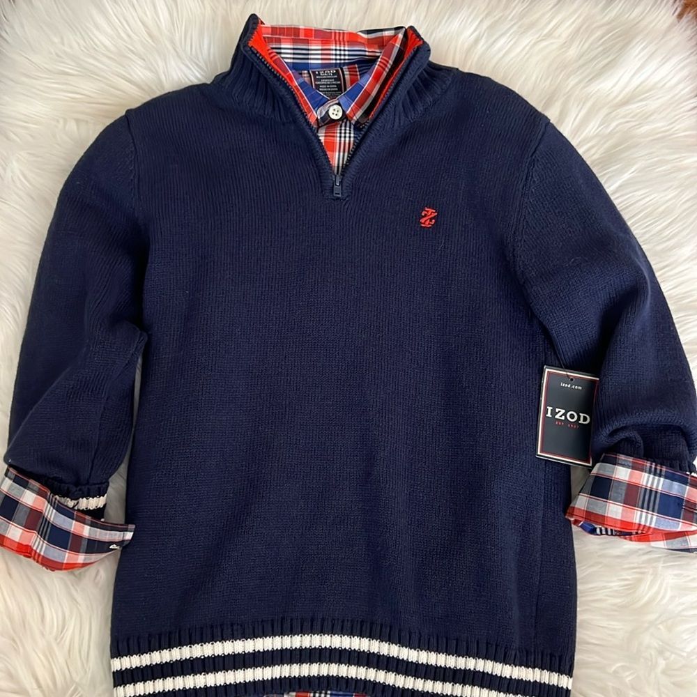 Izod Navy NWT Blue Quarter Zip Sweater & Plaid Shirt Set Small (6/7)